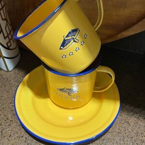 Vintage Taipro nautical Yellow Enamel Mugs and Saucers sets  with Blue Trim